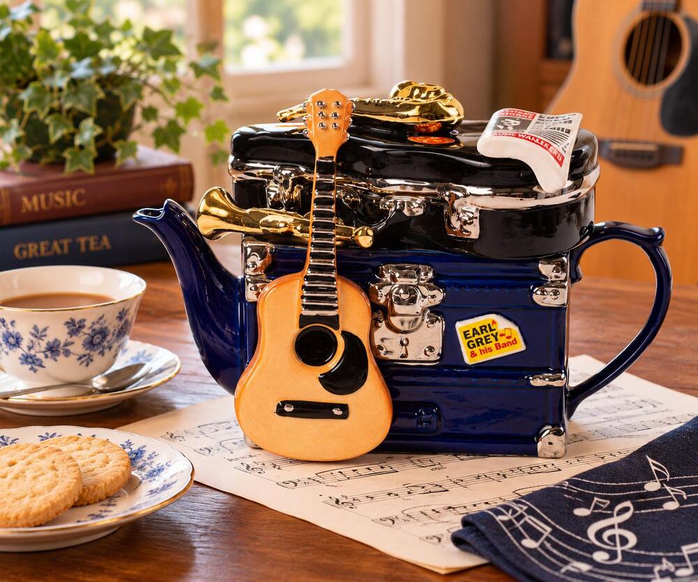 Vintage Tea pottery Band on Tour Teapot | Blue Musical Instrument Novelty Teapot